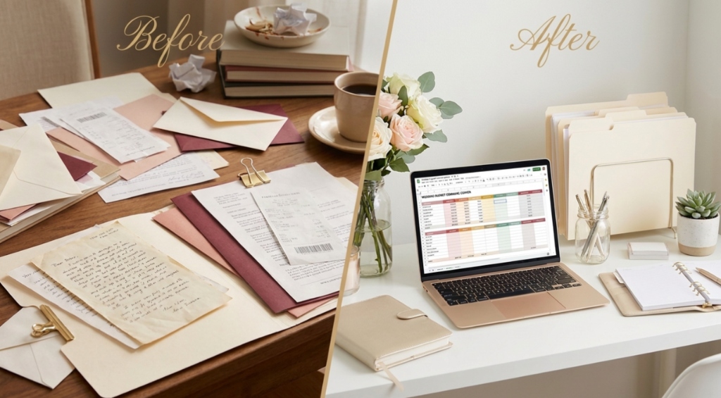 Before: Chaotic receipts and stress vs After: Calm organized laptop wedding planner