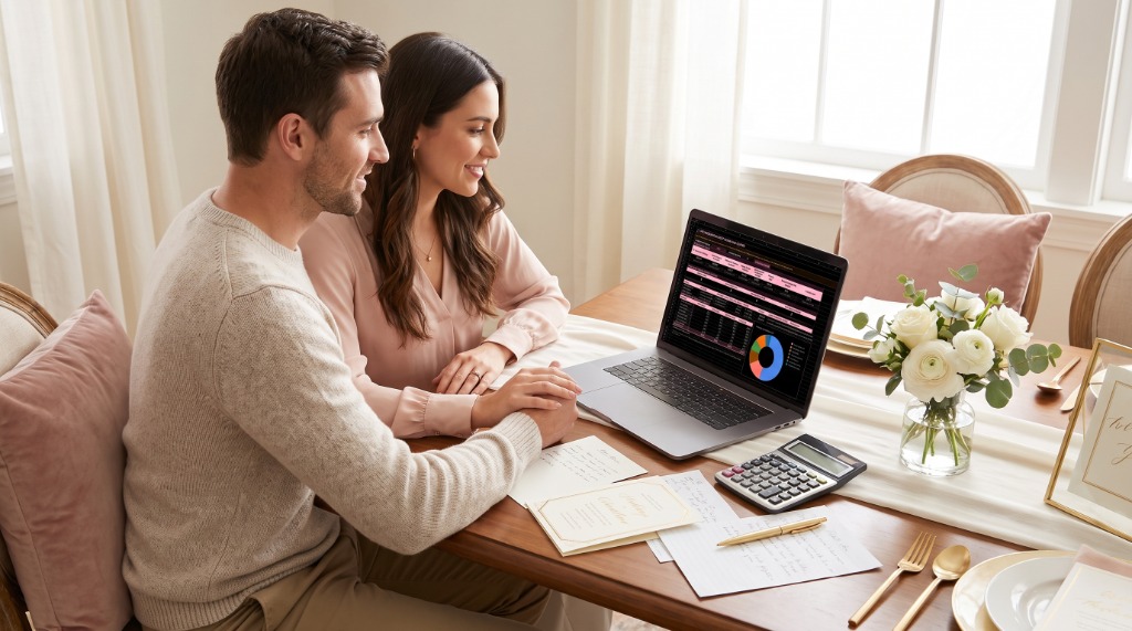Couple sitting at dining table smiling and planning their wedding finances together