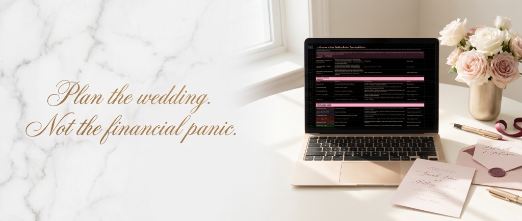 Wedding Budget Command Center preview on laptop with marble and flowers