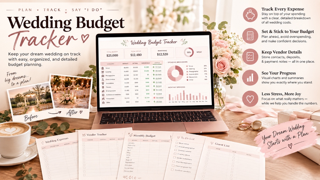 Wedding Budget Tracker layout with charts, vendor tracker, and expense breakdown